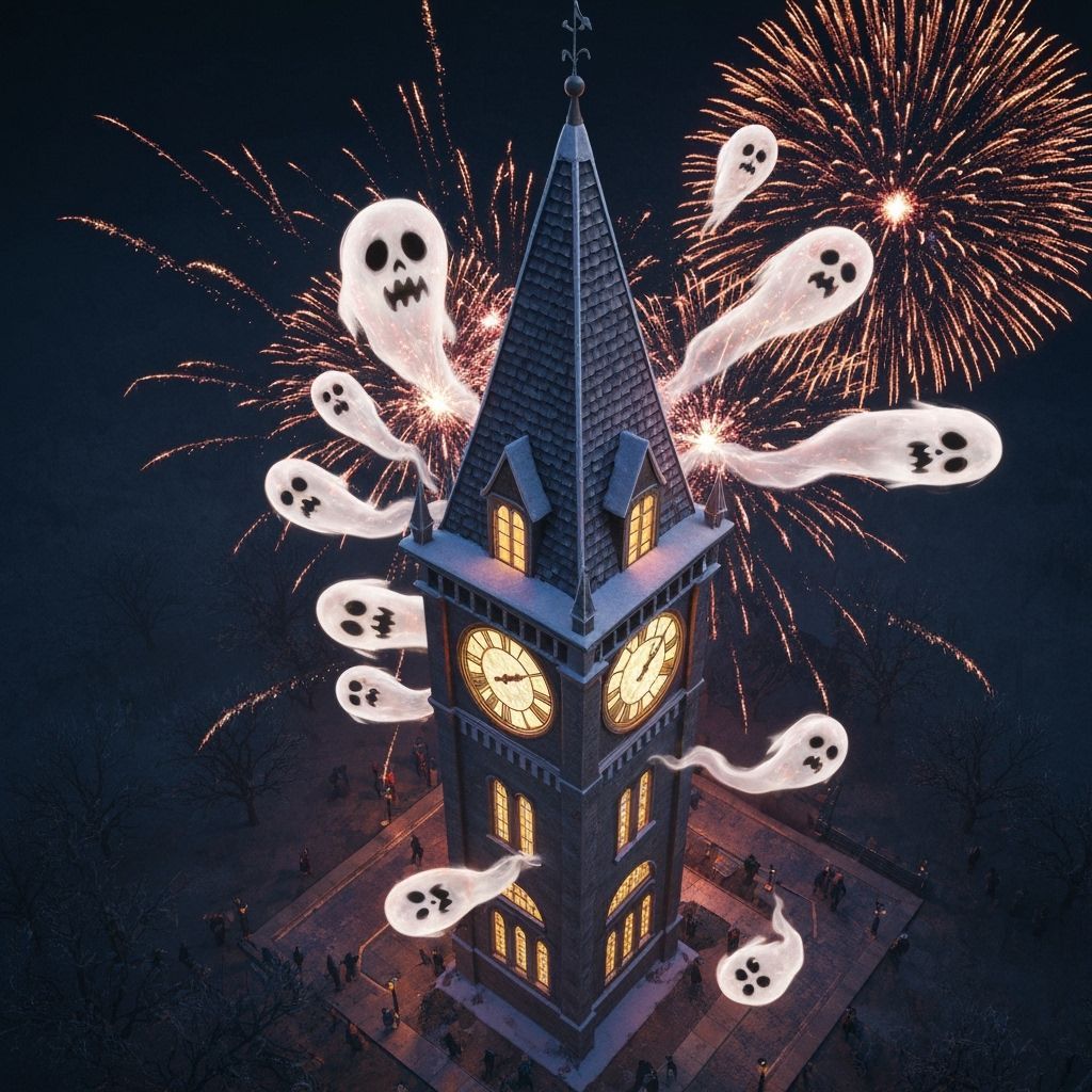 Scary Ghosts Bursting From Clock Tower in Impressionistic Oi...