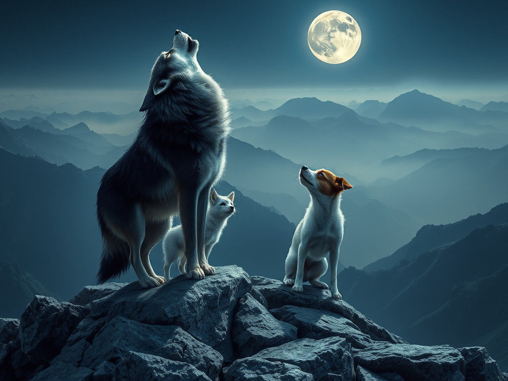 Moonlit Wolves Howling in Photorealistic Mountain Scene