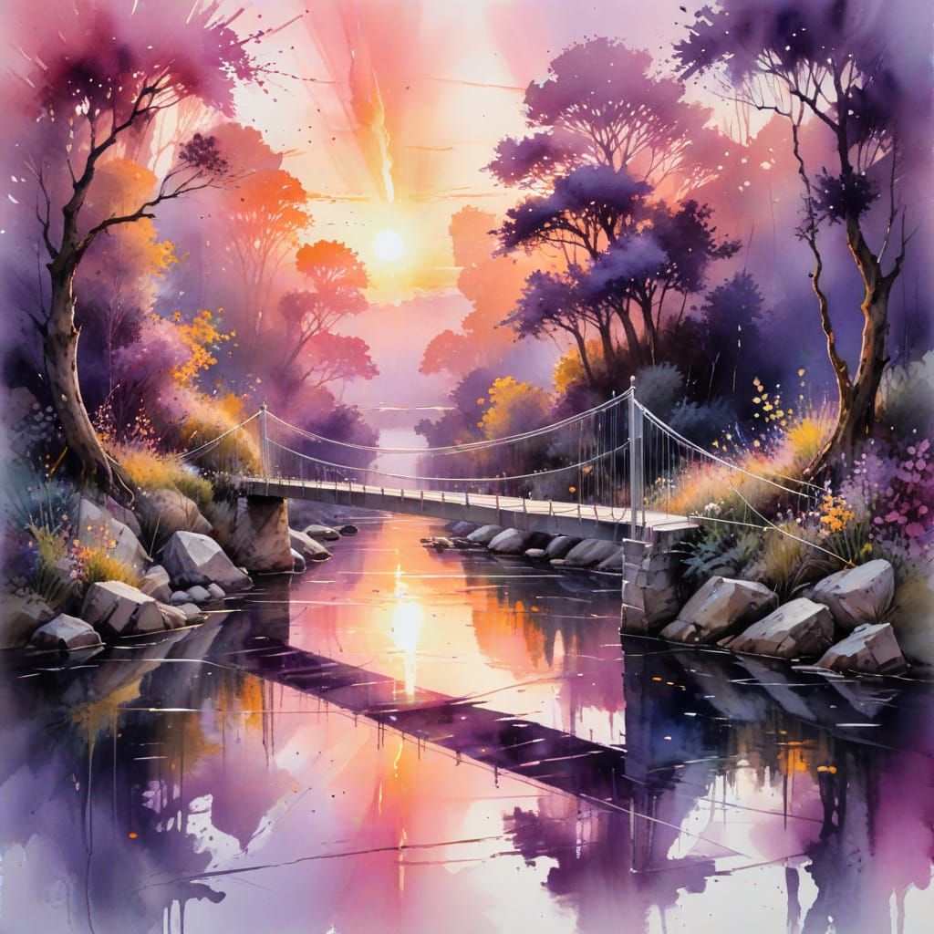 Elegant Sunset Suspension Bridge Over Serene River in Dreamy...