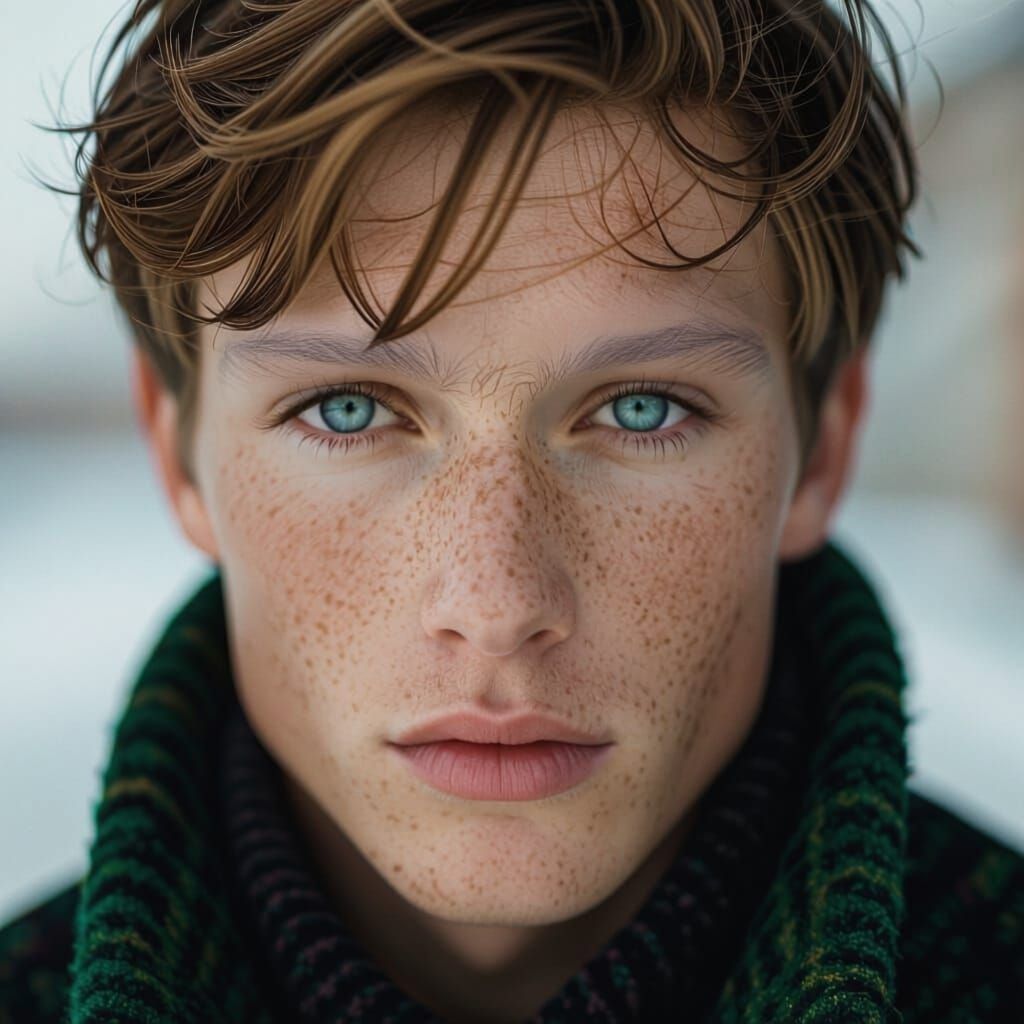 Photorealistic Portrait of a Young Man with Blue Eyes and Fr...