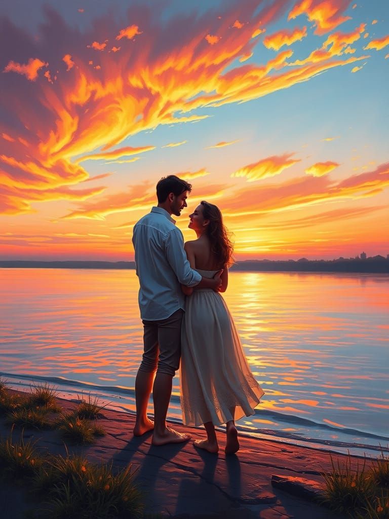 Romantic Sunset Riverbank Scene in Oil Painting Style