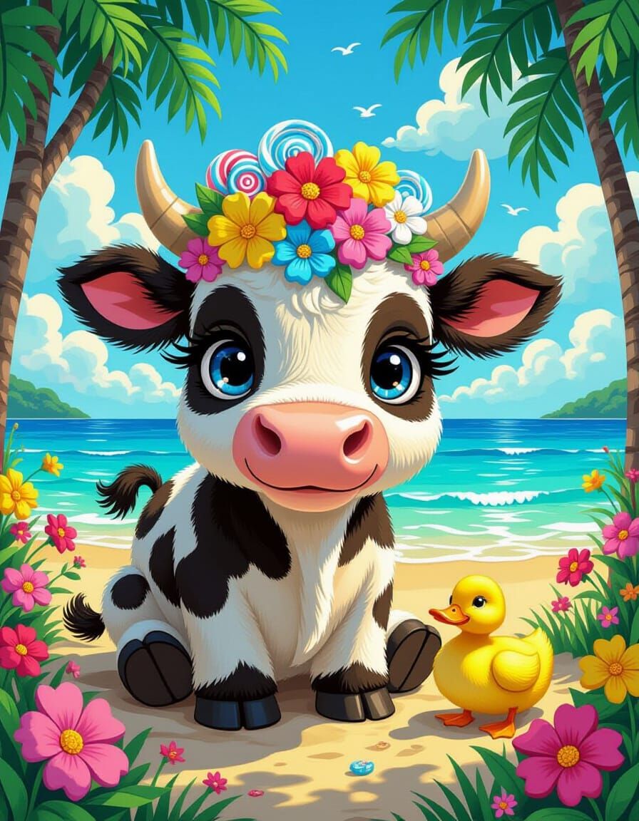 Klimt-Inspired Crochet Cow's Beach Holiday