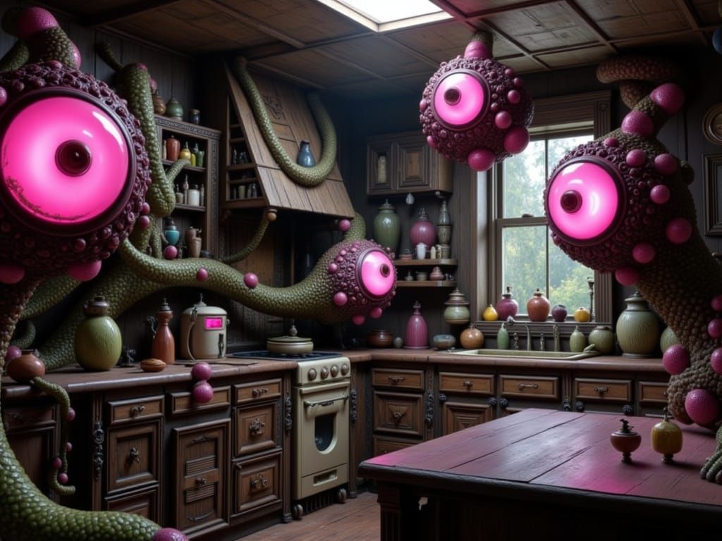 Psychedelic Kitchen with Eerie Pink Eyes in Minimalist Poste...