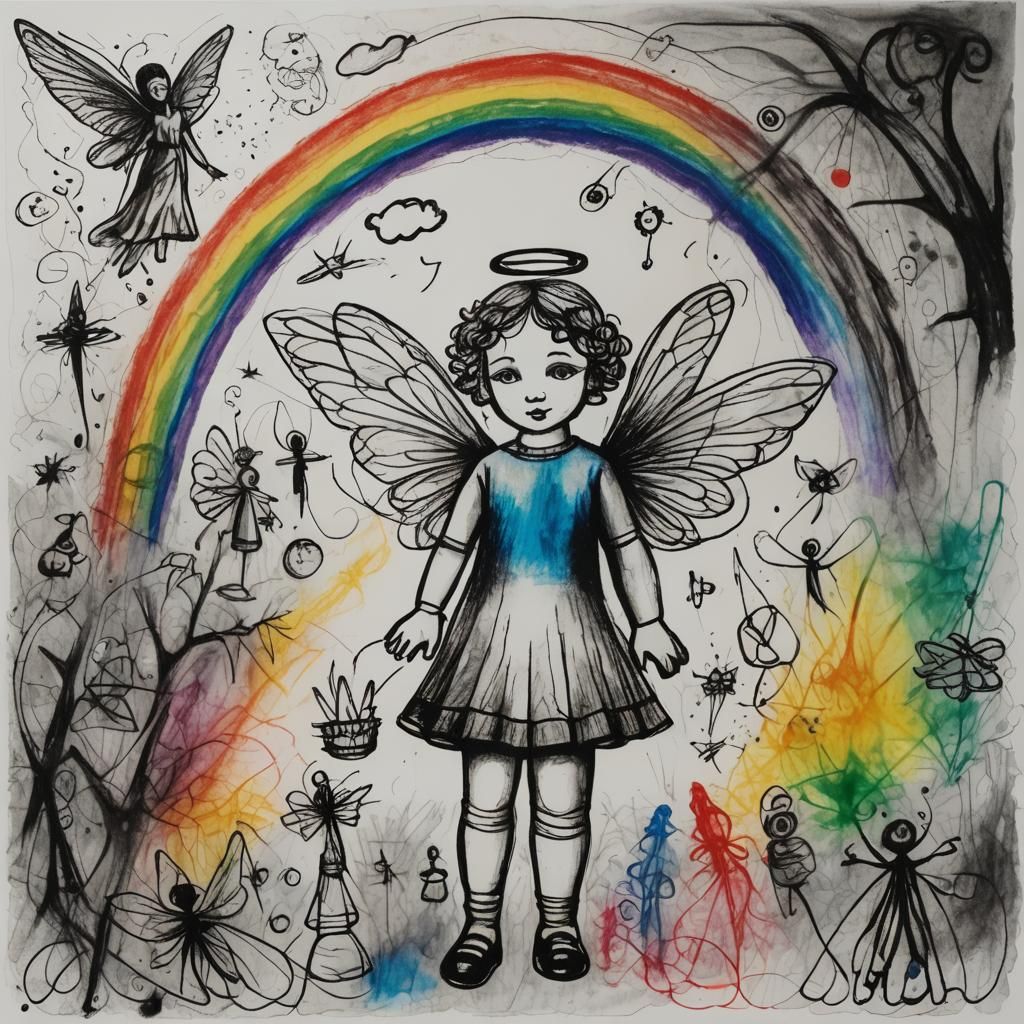 Surreal Angel in Child's Crayon Drawing Style