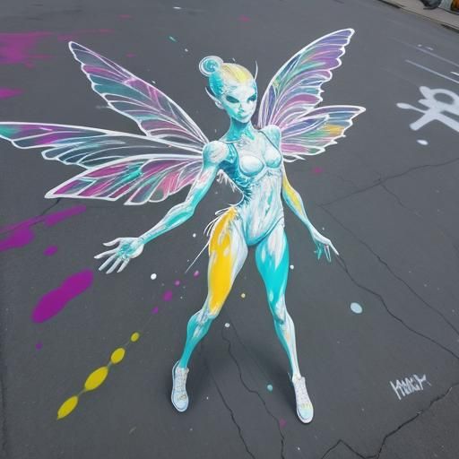 Chalk Outline of Human with Fairy Wings in Graffiti Art