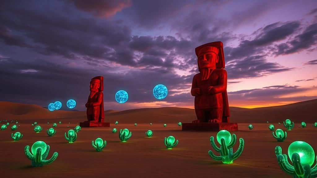 Aztec Desert Sculptures with Luminous Orbs