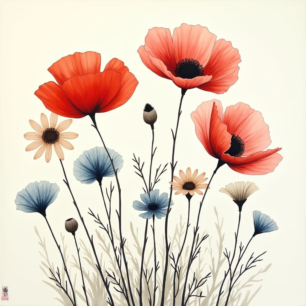 Minimalist Sumi-e Wildflower Painting on Washi Paper