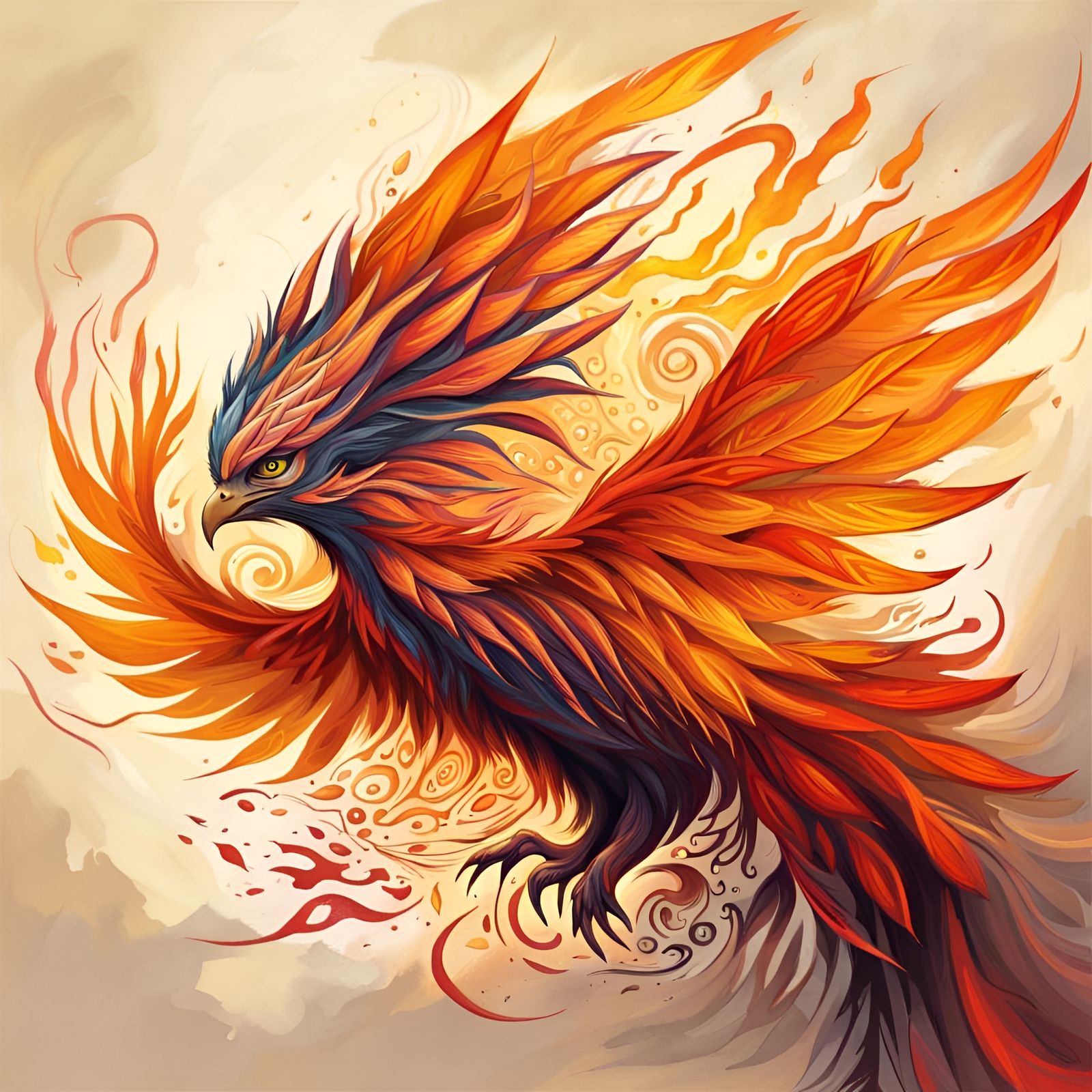 Fiery Phoenix Bird in Flight, Oil Painting Style