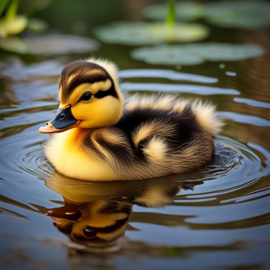 Cute Fluffy Duck in Pond Cartoon