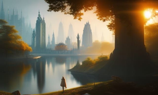 Central Park Lake in Autumn, Digital Painting