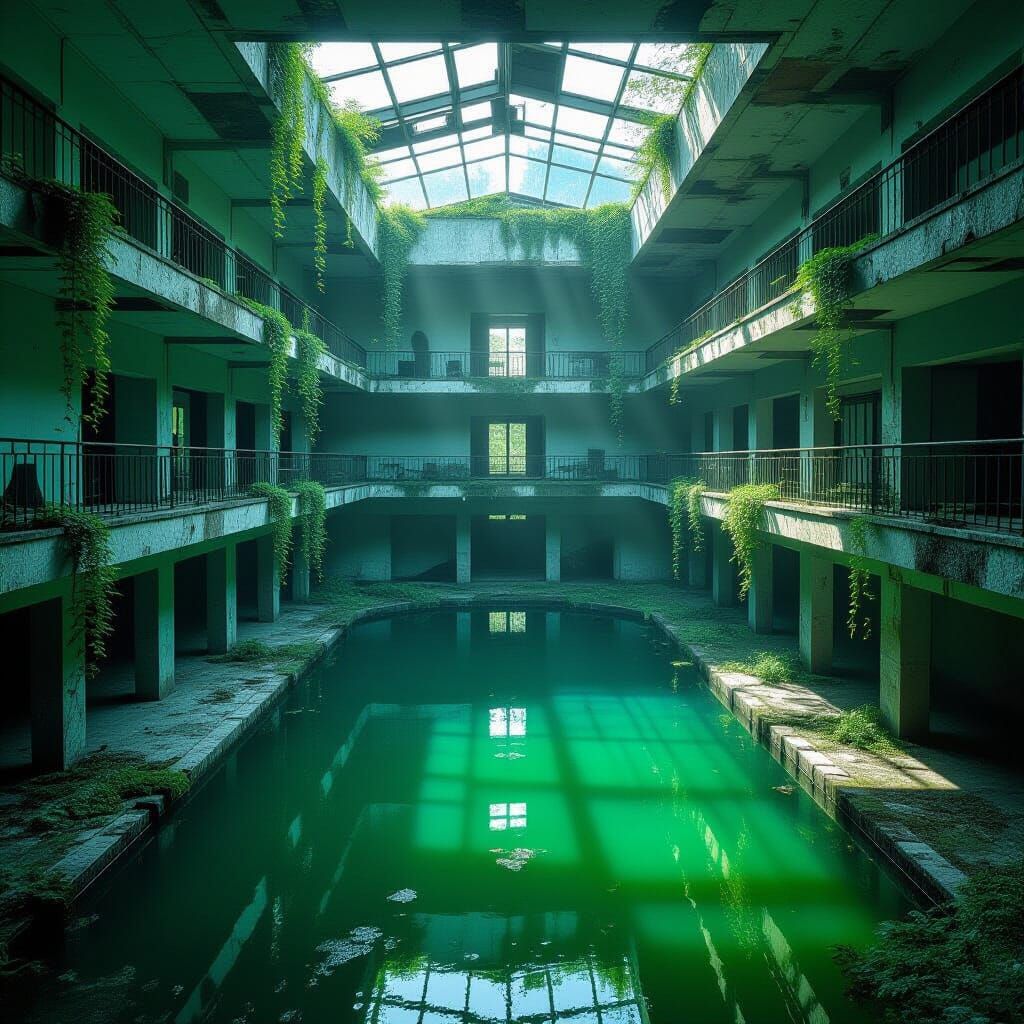 Abandoned Hotel Pool Overgrown with Nature