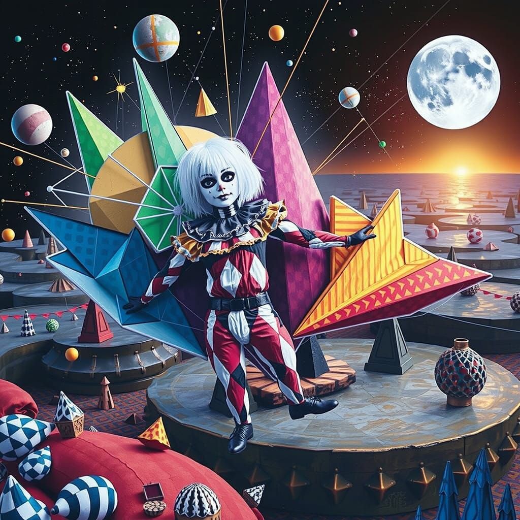 Harlequin Figure in Hypnotic Geometric Maze