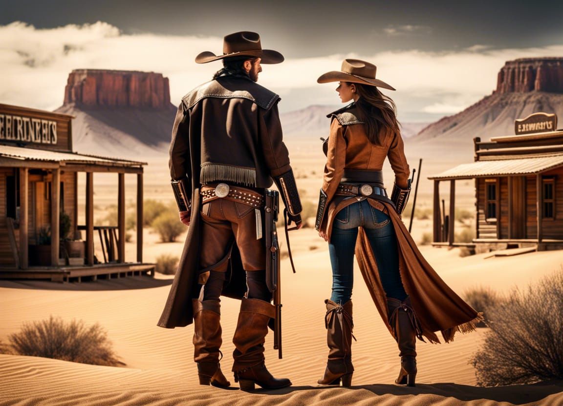 Epic Cowboy and Cowgirl Standoff in Desert Town