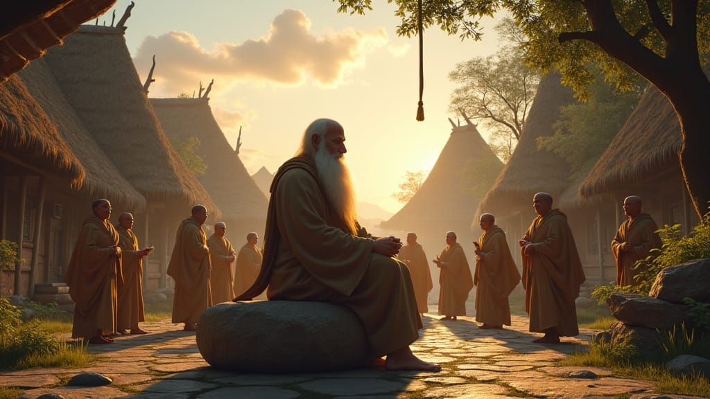 Wise Old Man in Mystical Village, Matte Painting