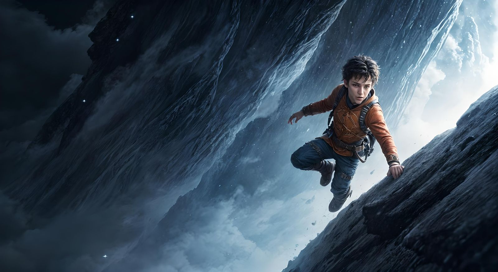Boy's Perilous Mountain Edge Climb: A Dark Fantasy