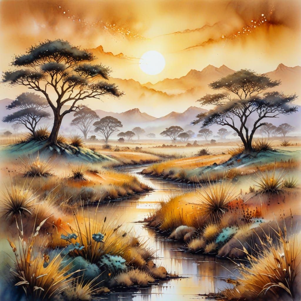 Winter Sunrise on African Savannah in Watercolour