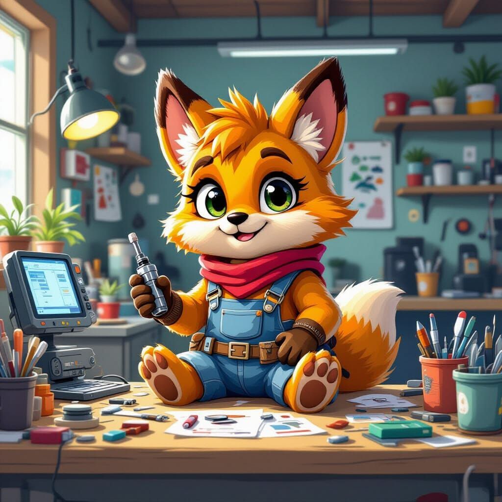 Furry Character in Vibrant Cartoon Makerspace
