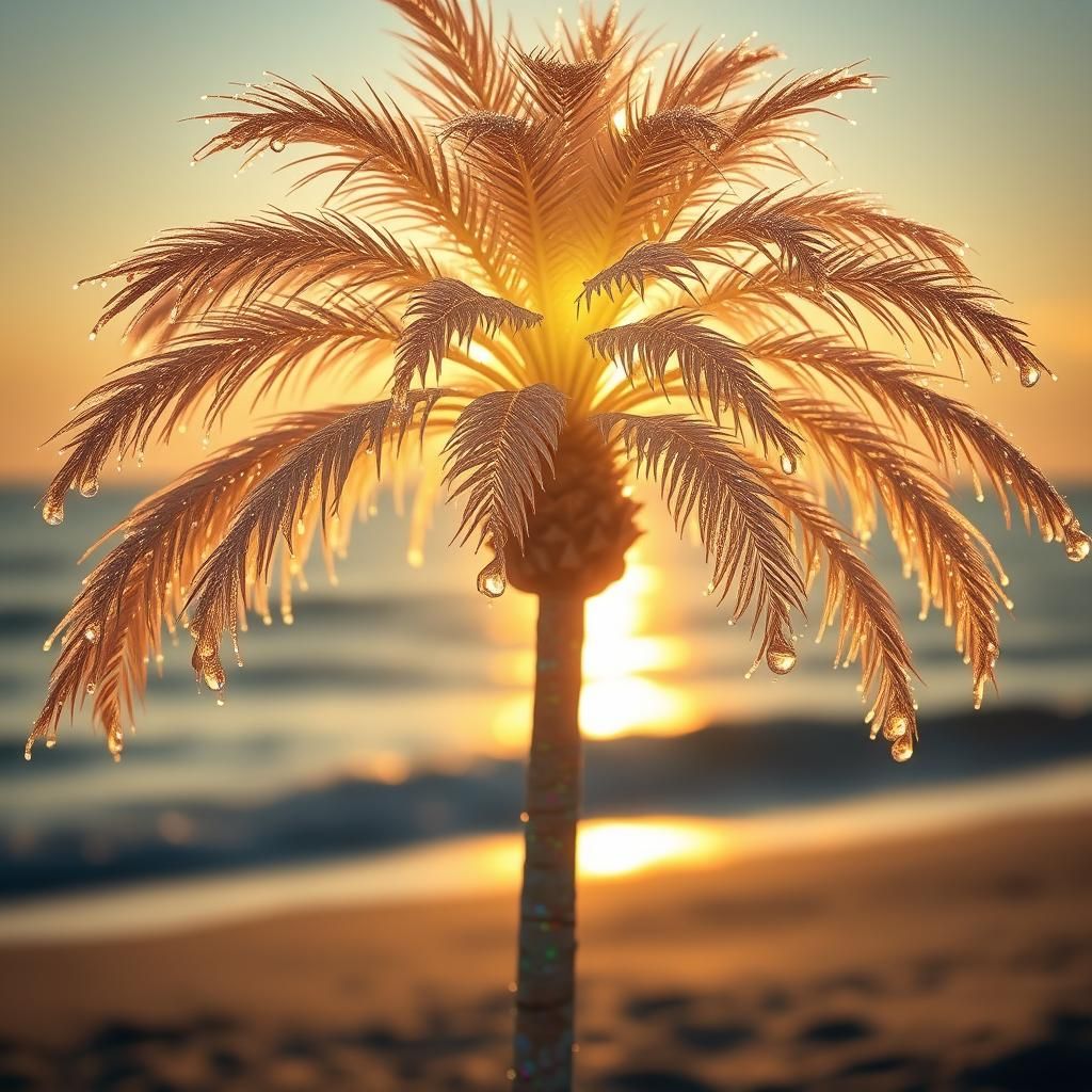 Opal Palm Tree at Dawn with Bioluminescent Dew