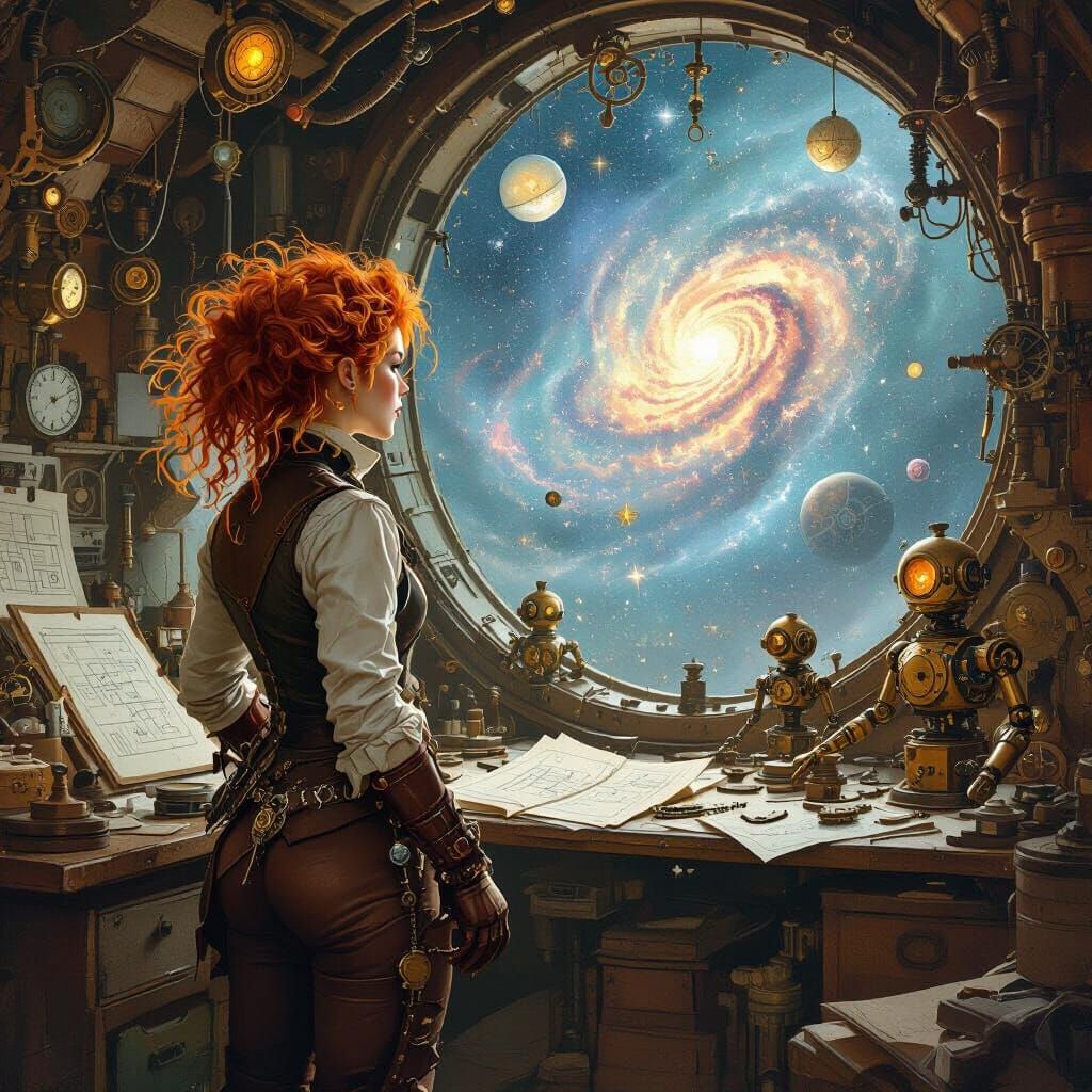 Steampunk Inventor Gazing at Clockwork Nebula