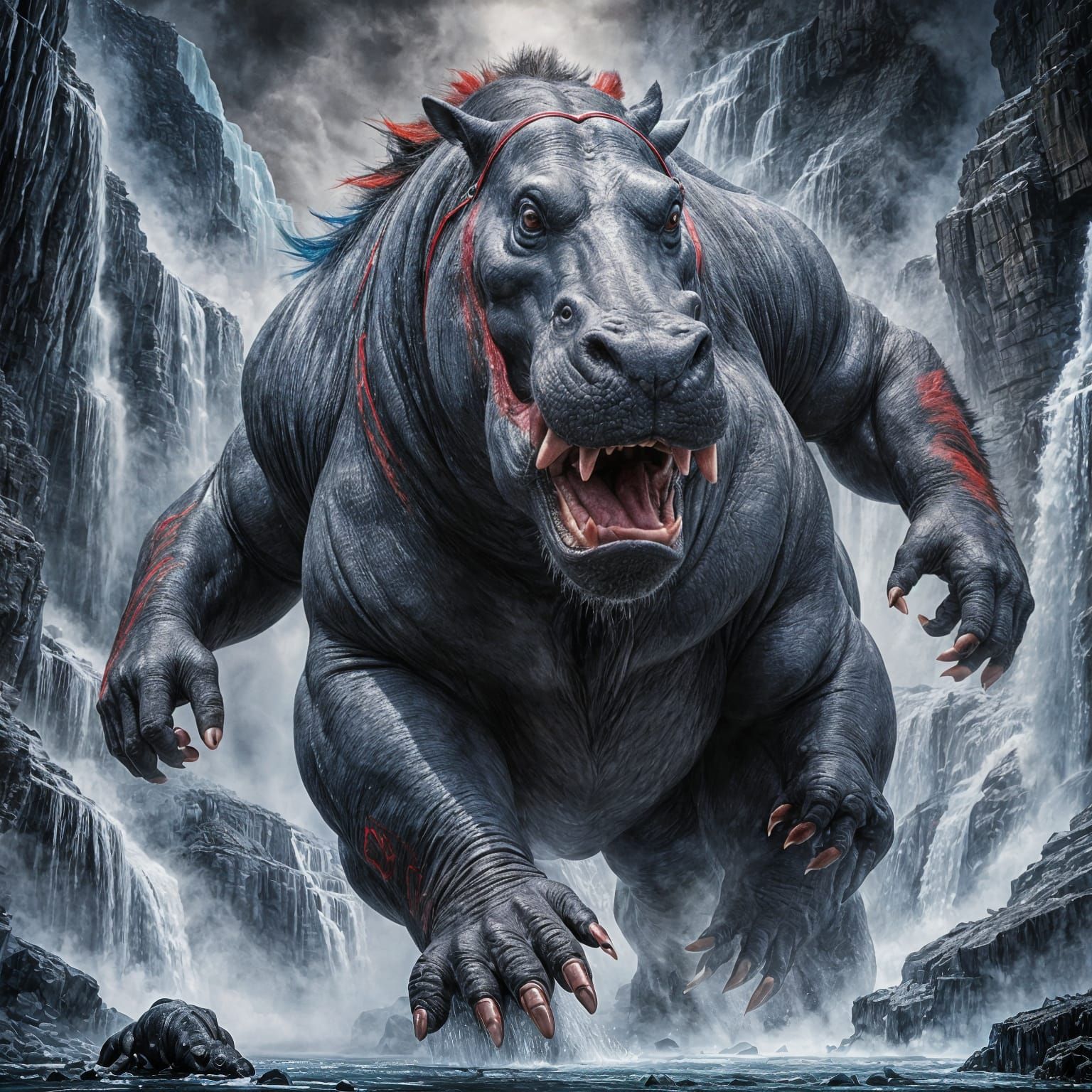 Eagle-Man Riding Cybernetic Hippo: Charcoal Fantasy