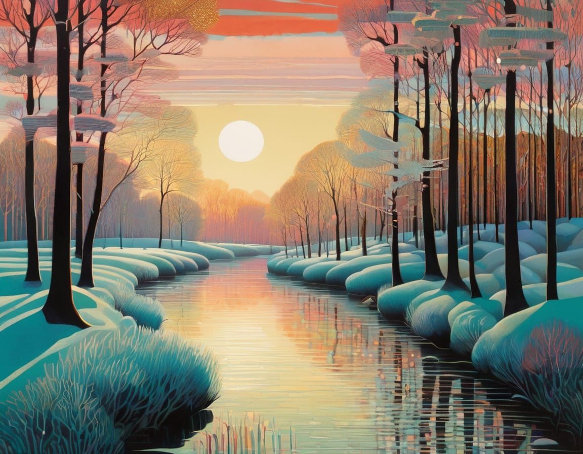 Charming Winter River Scene in Vibrant Pastel Colours