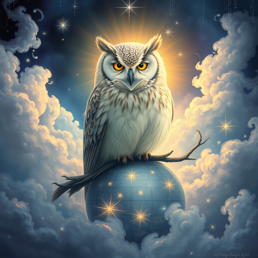 Owl Perched on Celestial Sphere: Surrealist Dreamscape