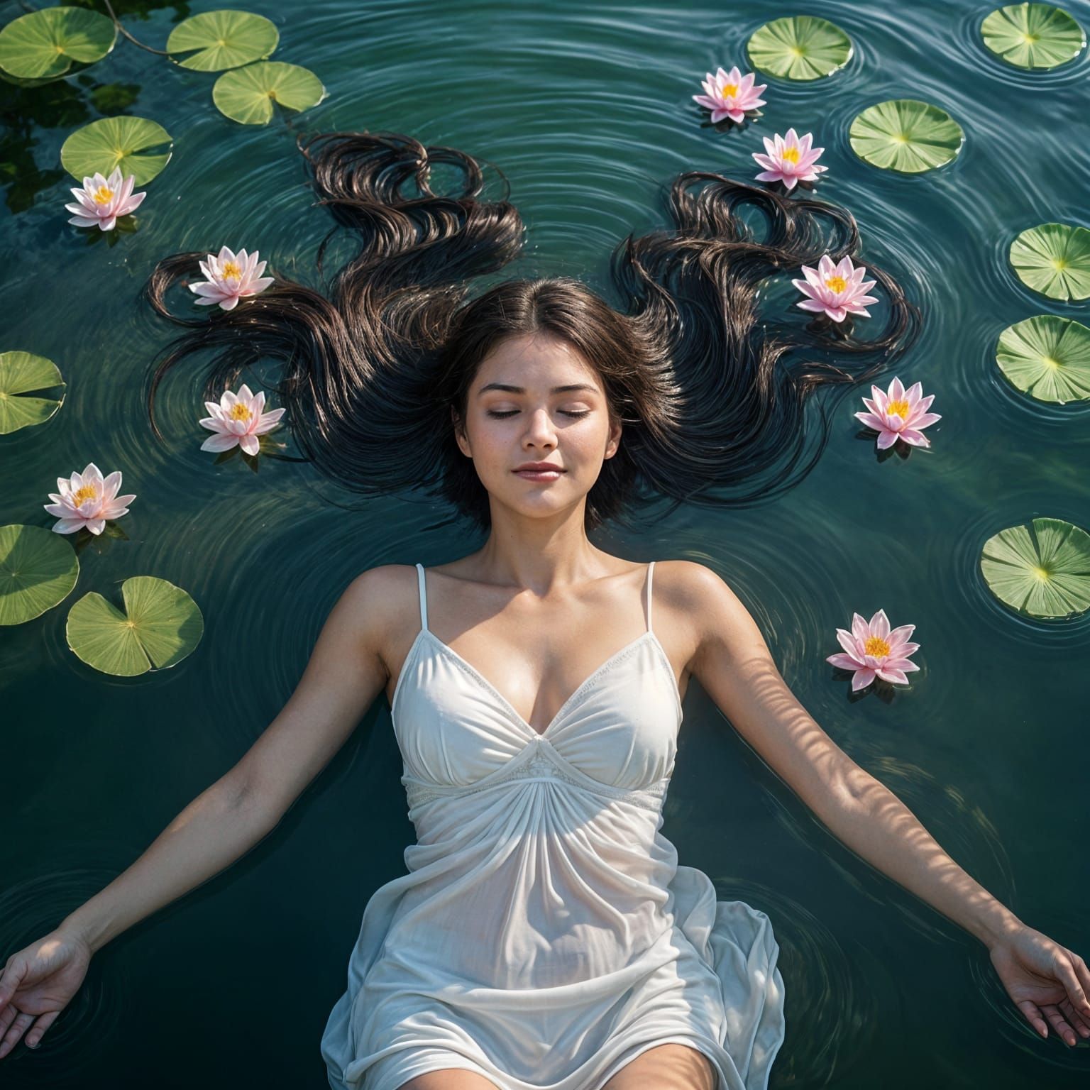 Serene Woman Floating in Lake at Dawn