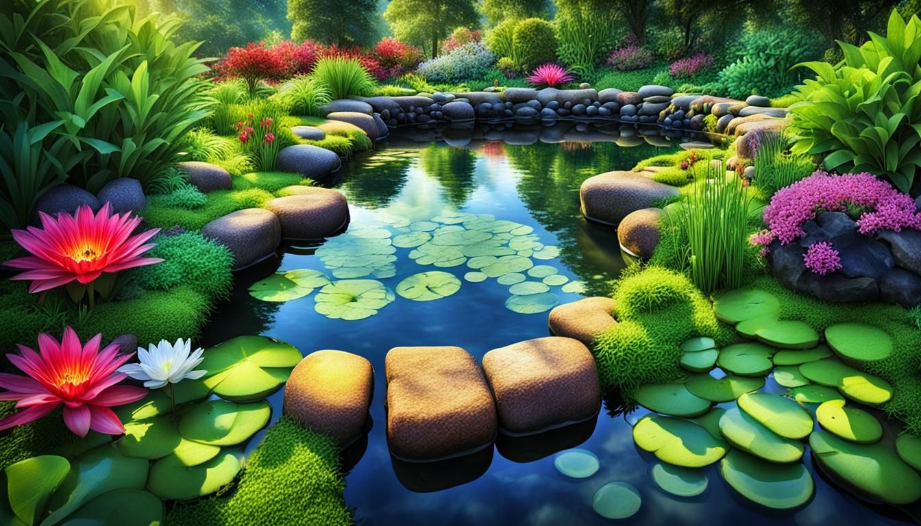 Lush Garden with Pond: Hyperrealistic Colorful Image