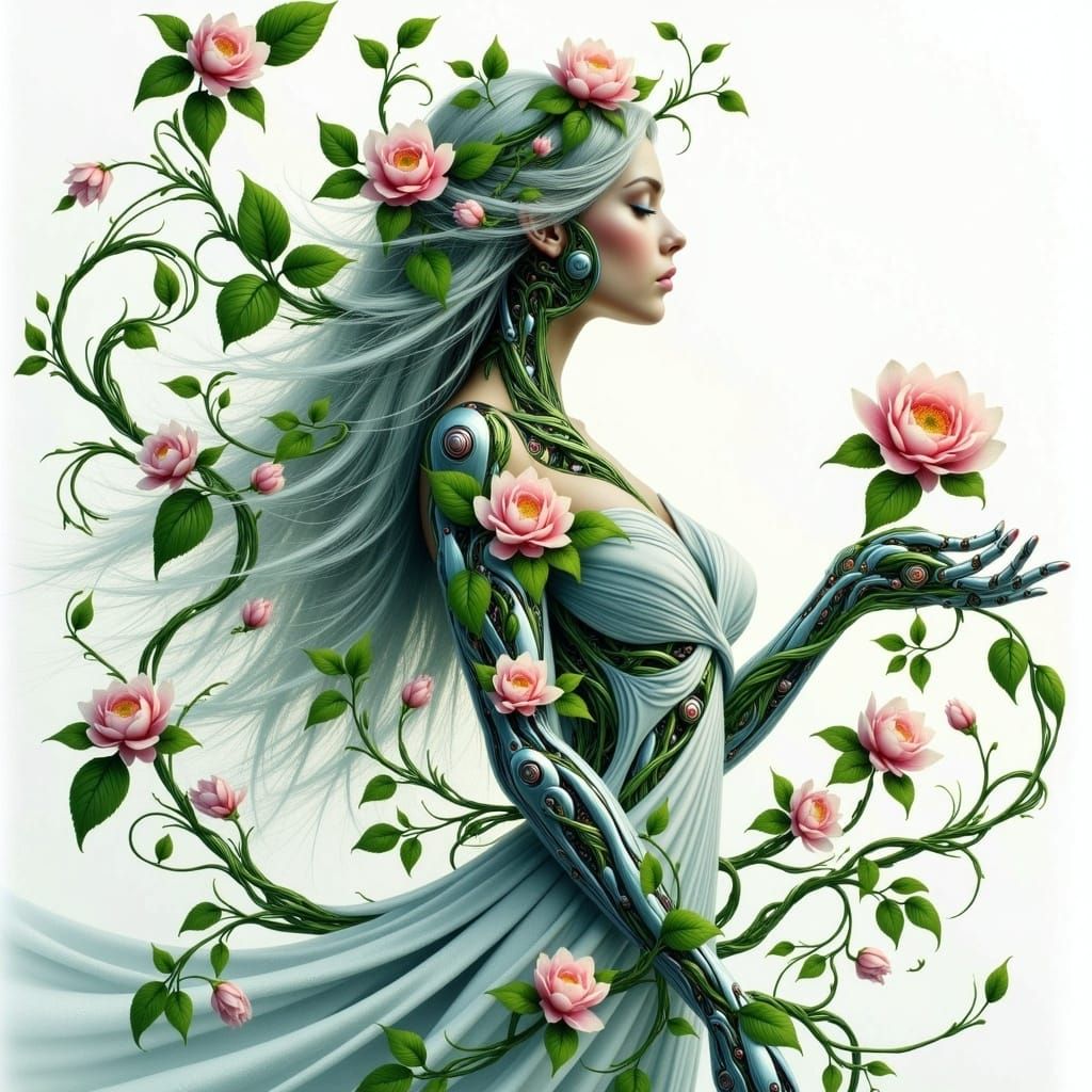 Biomechanical Woman with Flowers in Watercolor Style