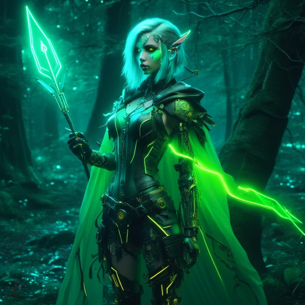 Elf Archer in Cyber Neon Forest, Anime Art