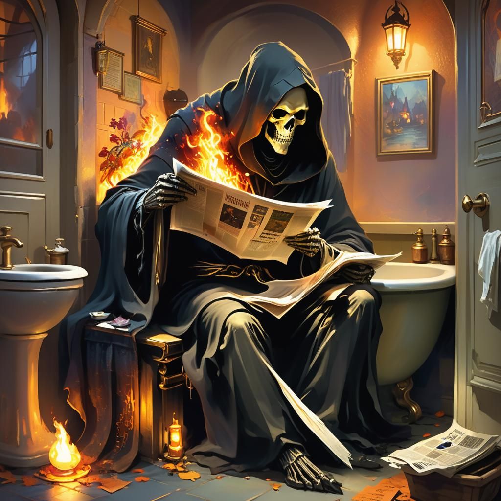 Grim Reaper's Cozy Break: Fantasy Art