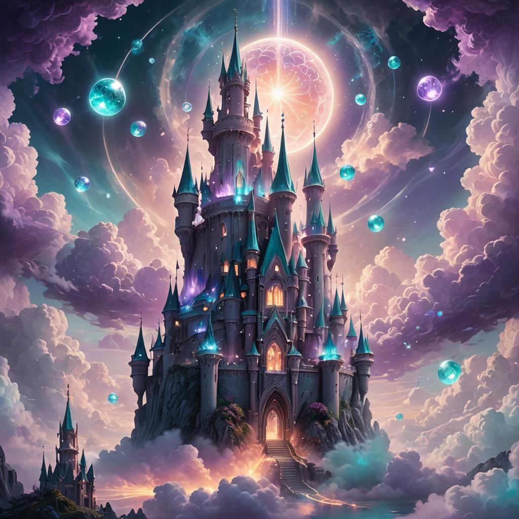 Crystal Castle Floats in Dreamy Fantasy Sky