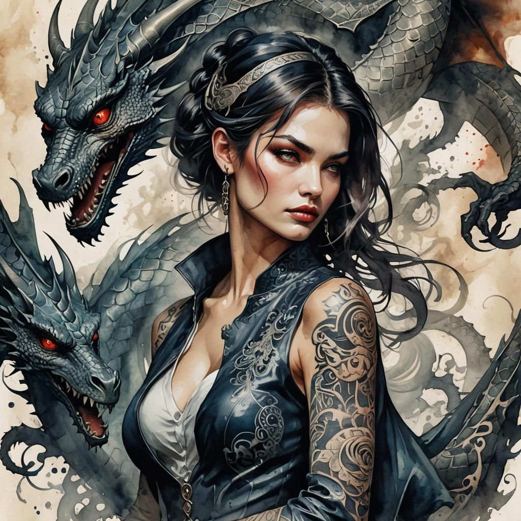 Woman and Dragon Tattoo Art in Watercolor Style