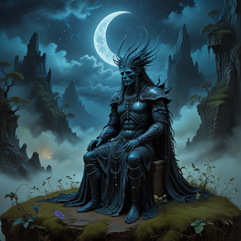 Regal Figure in Mystical Thicket by Moonlight