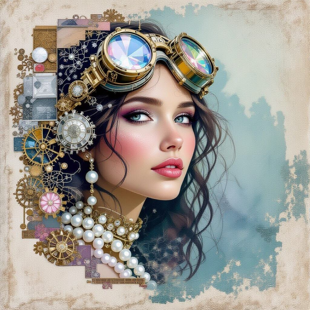 Steampunk Pearl Diver in Dreamlike Watercolor Collage