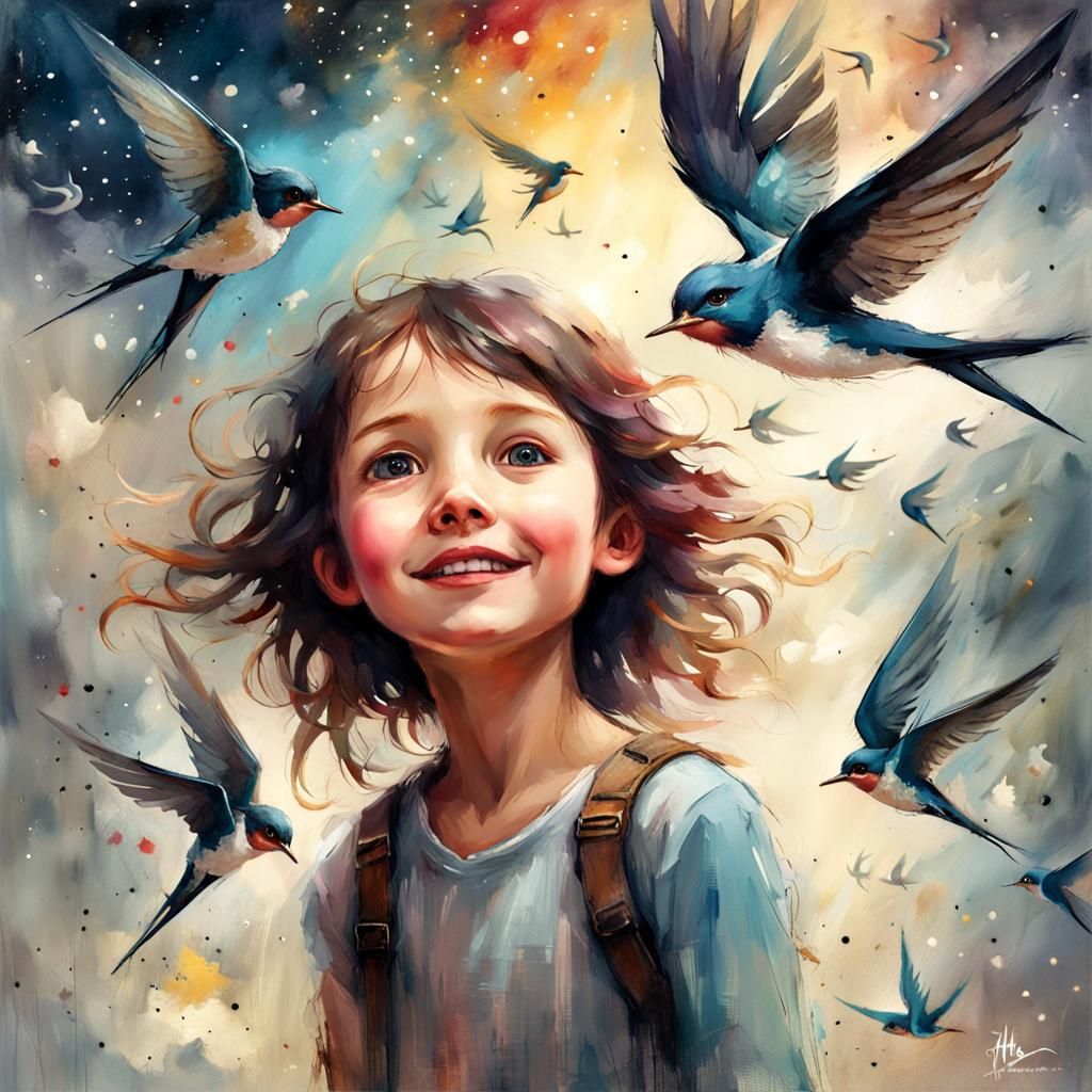 Happy Girl in Vibrant Starry Sky, Digital Art