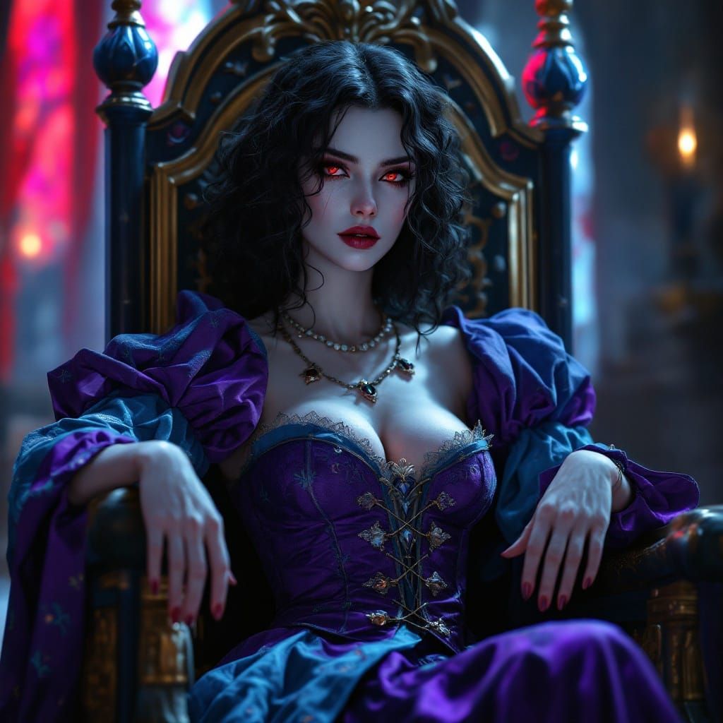 Regal Vampiress in Tudor Gown, Bathed in Triadic Colors