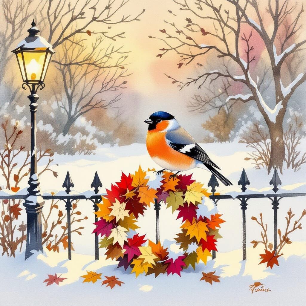 Bullfinch and Autumn Wreath in Winter