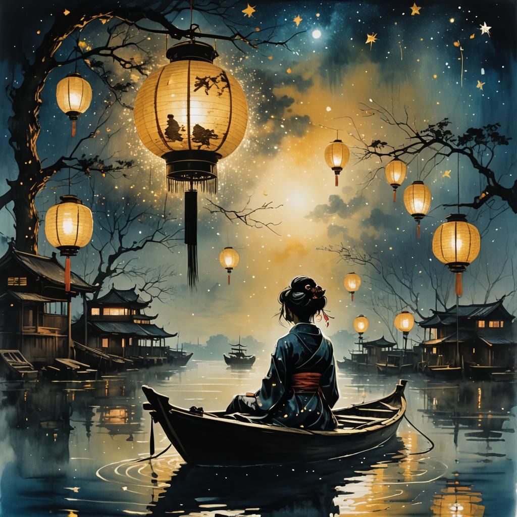 Geisha Silhouette at Lantern Festival in Anime Style