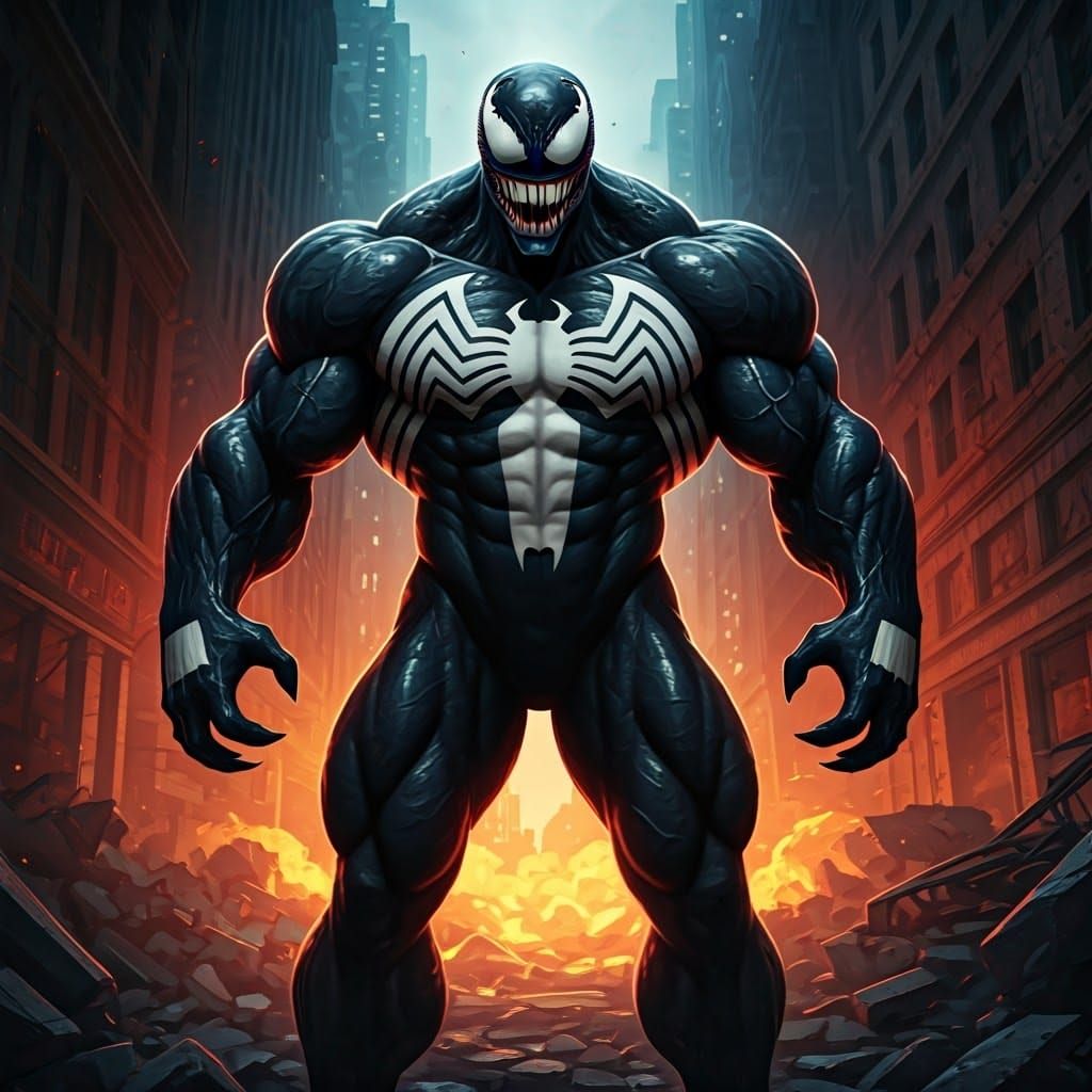 Hyper-Realistic Venom in a Decaying Cityscape