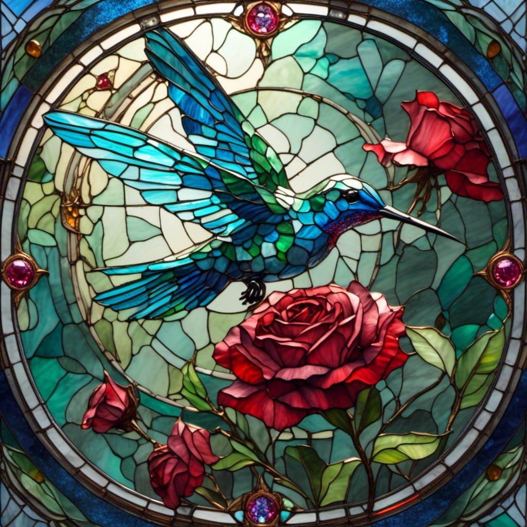 Stained Glass Hummingbird with Red Rose, Hyperrealistic Art
