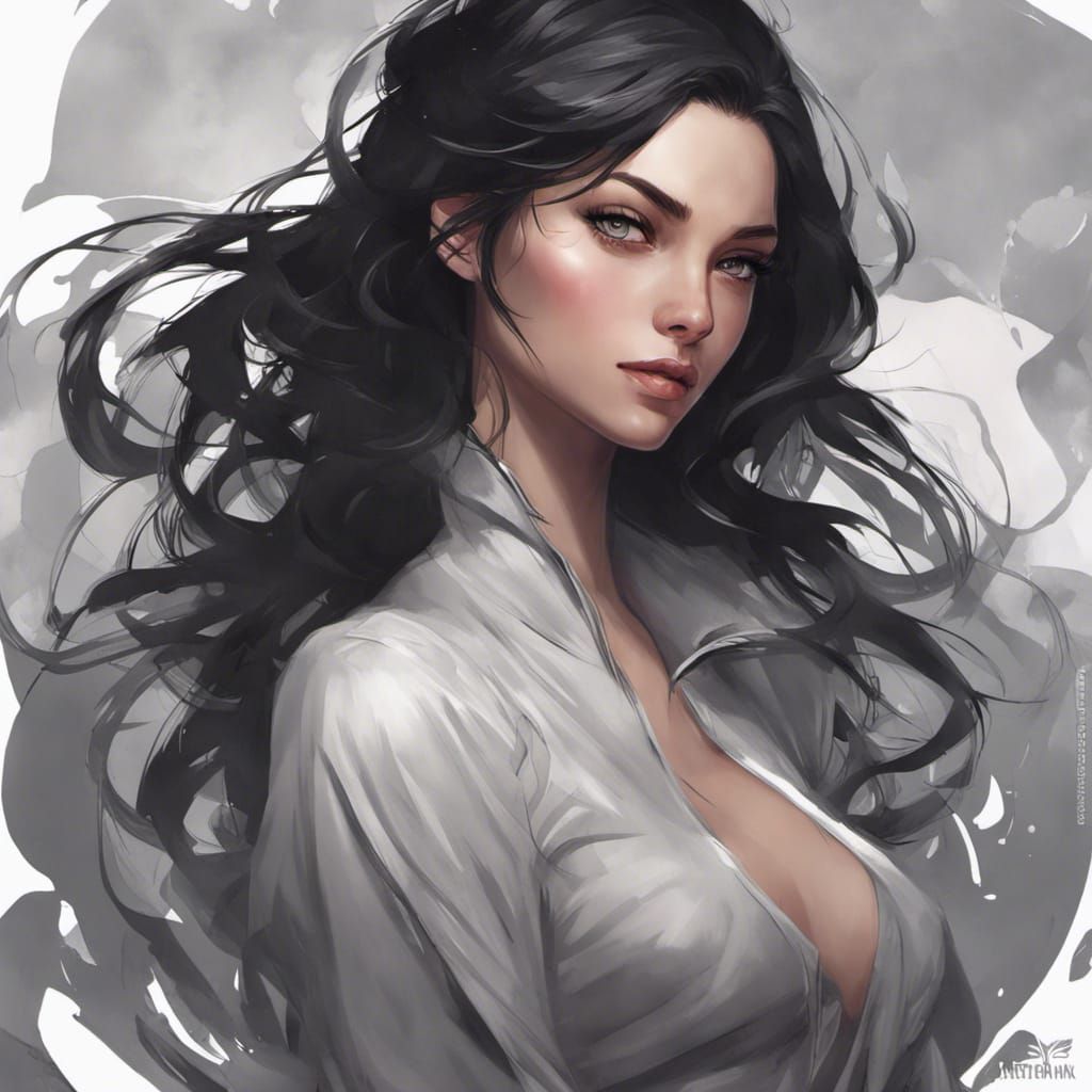 beautiful girl with black hair and grey eyes