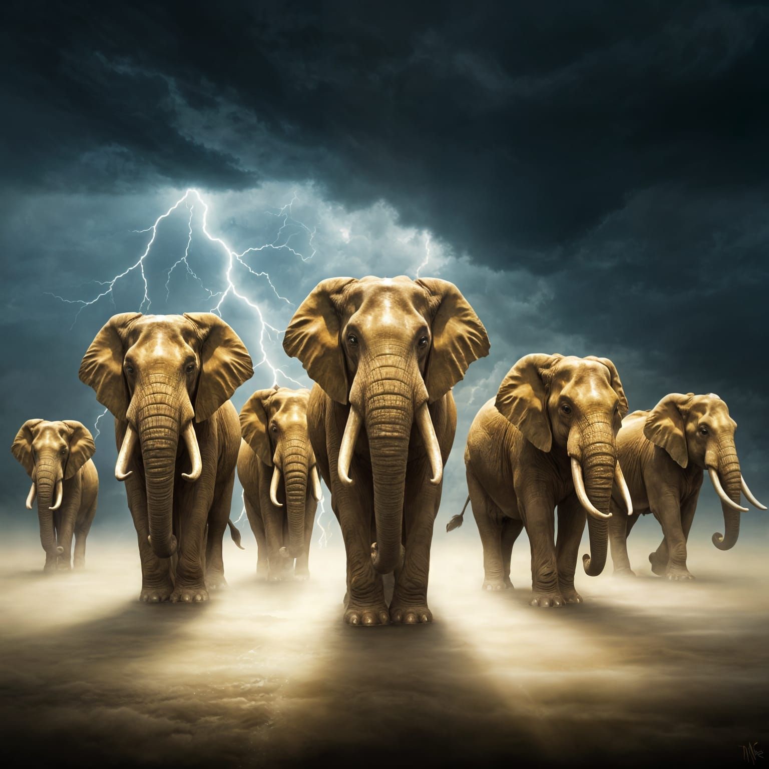 Golden Elephants March Through Stormy Clouds in Romantic Sty...