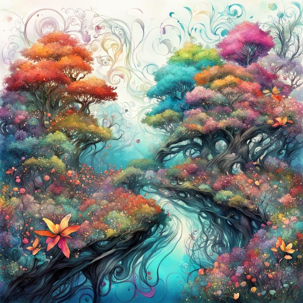 Whimsical Minwha Trees and Flowers in Colorful Ink
