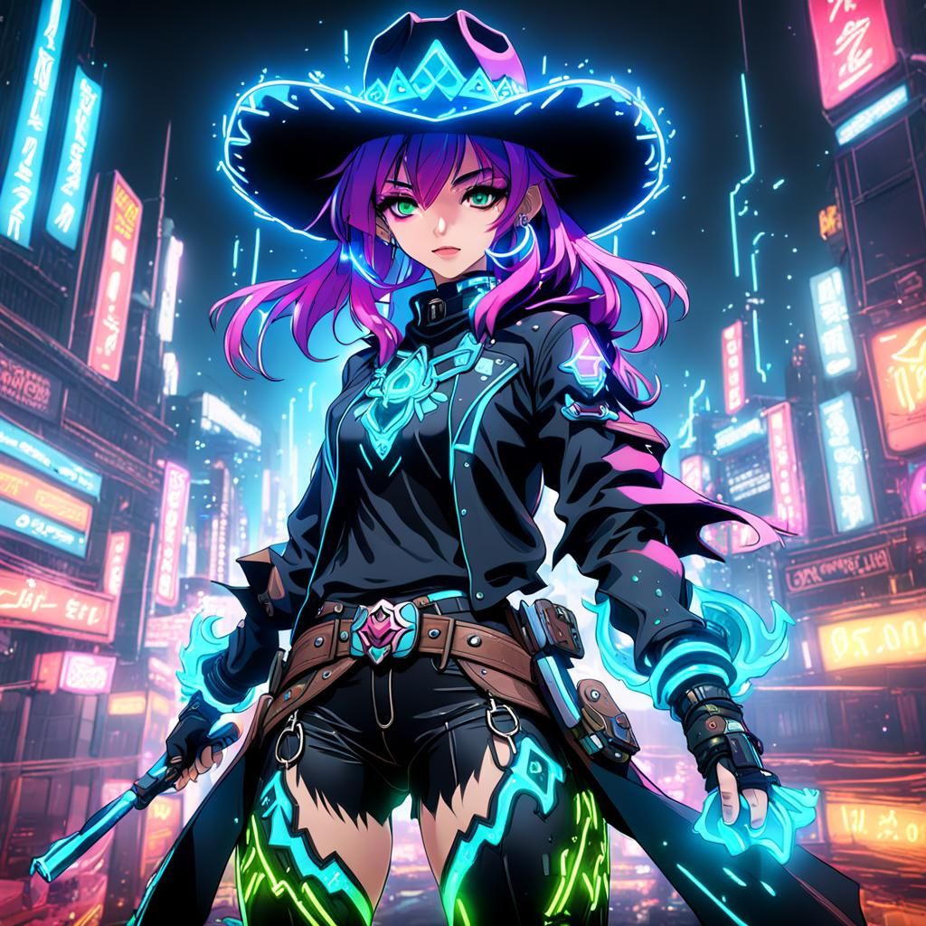 Neon Anime Cowgirl Fantasy Concept Art