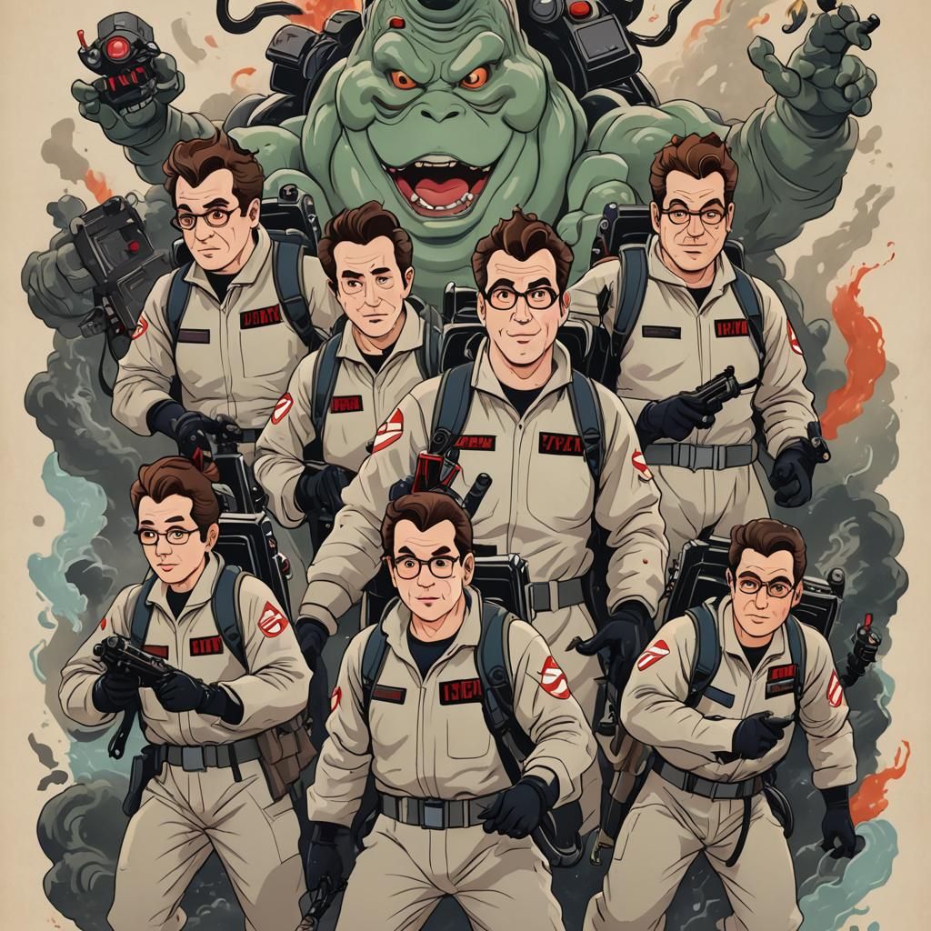 Ghostbusters in Traditional Japanese Art Style