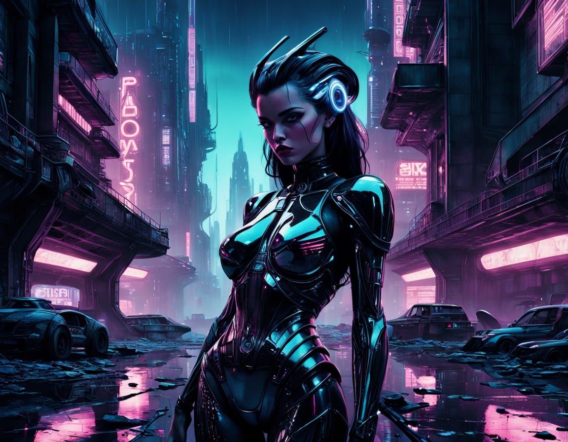 Damaged Android in Retro-Futuristic Cityscape