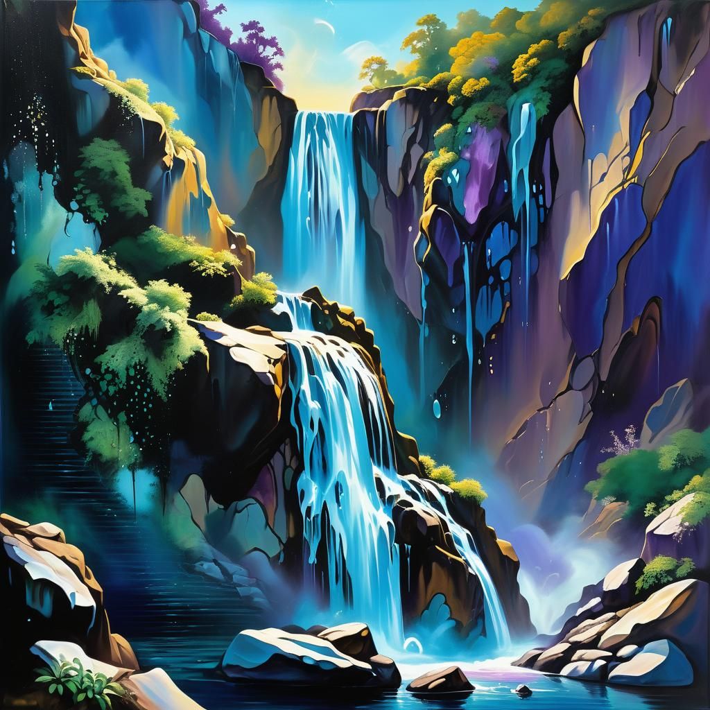 Surreal Waterfall Landscape in Oil Painting Style