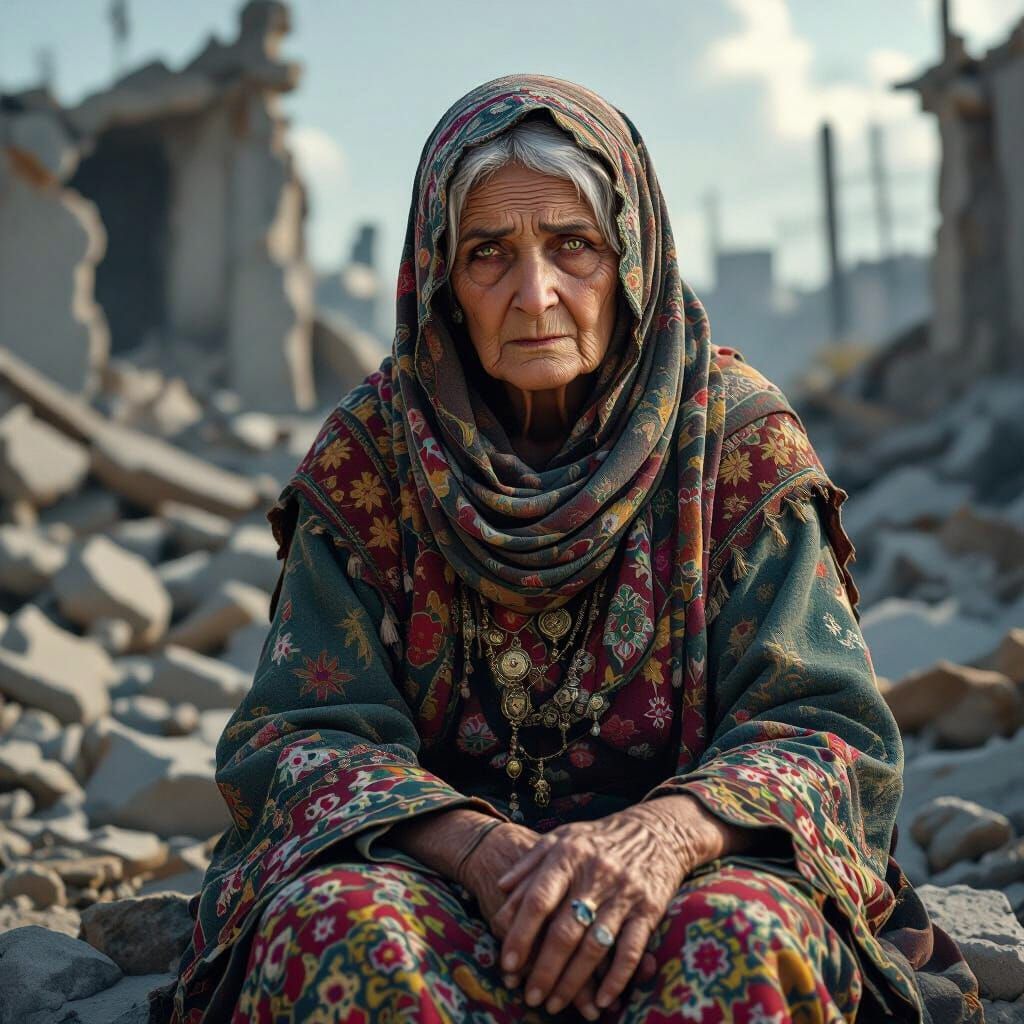 Fierce Eyes: Elderly Woman in War-Torn Landscape