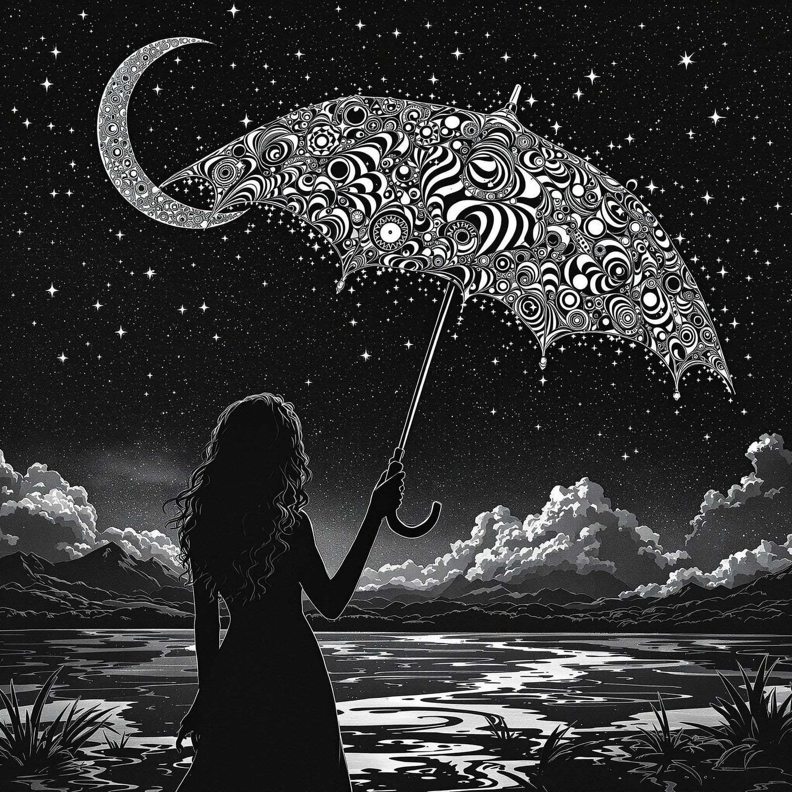 Magical Night: Woman with Vertigo Art Umbrella